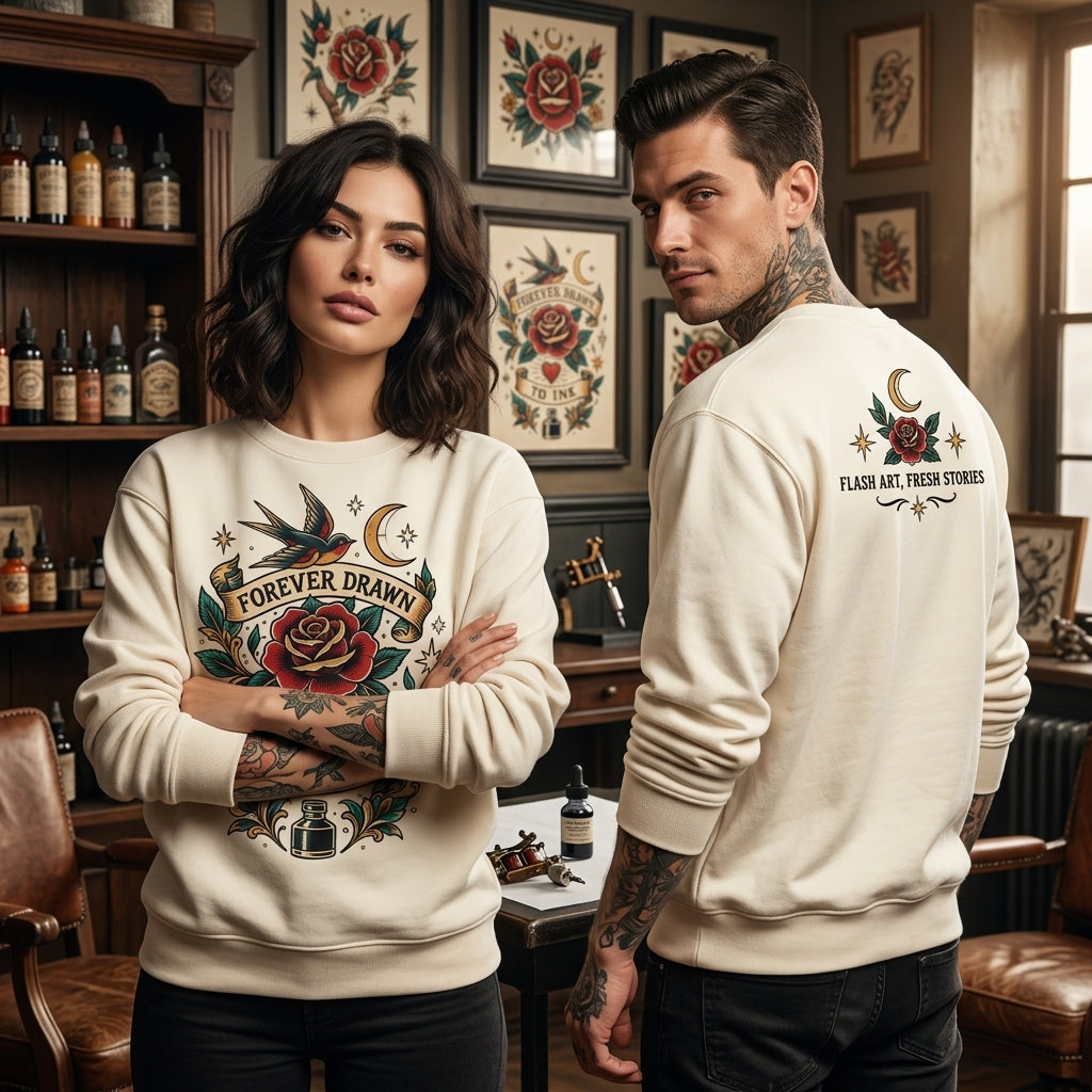 Forever Drawn To Ink Traditional Tattoo Flash Lover T-shirt Sweatshirt Hoodie - Vintage Art Gift - mockup 2