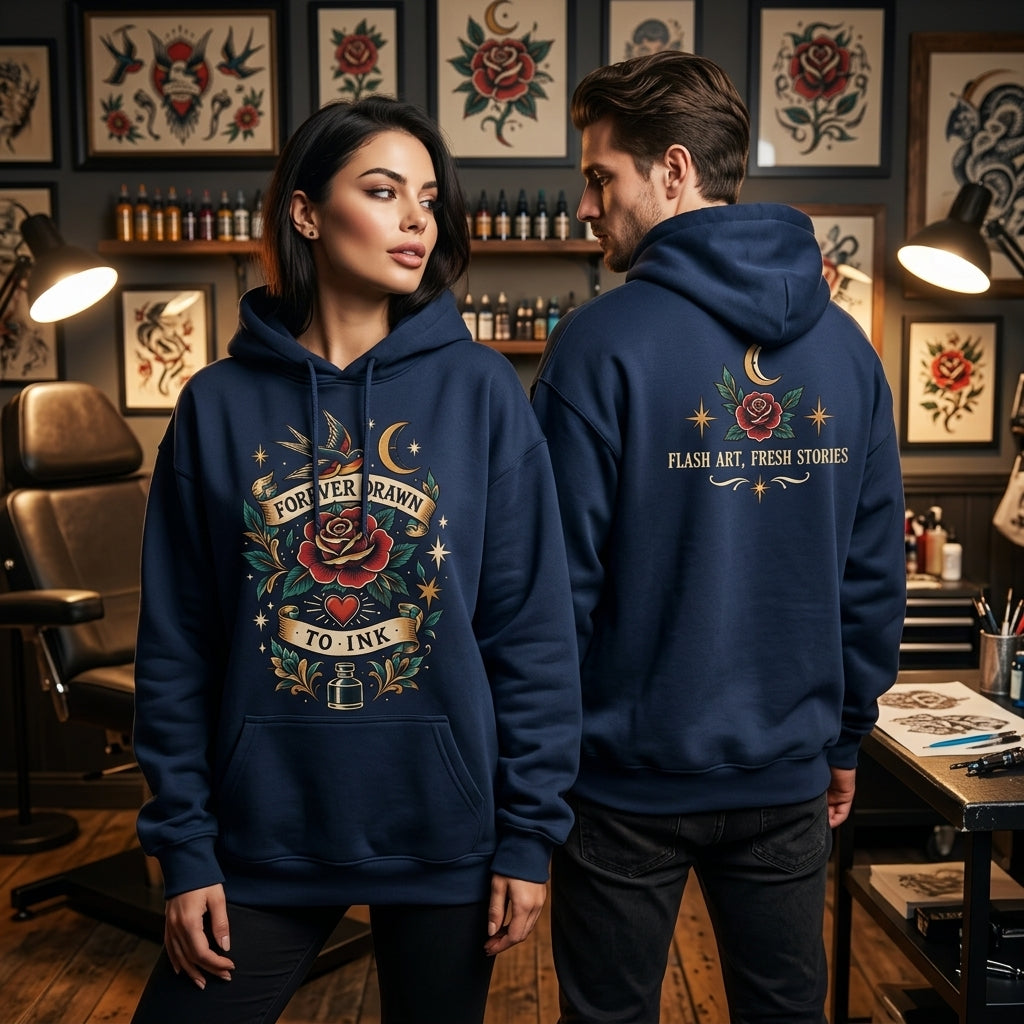 Forever Drawn To Ink Traditional Tattoo Flash Lover T-shirt Sweatshirt Hoodie - Vintage Art Gift - mockup 3