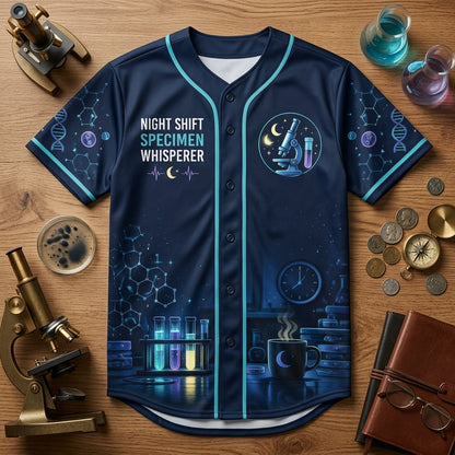 Personalized Night Shift Specimen Whisperer Baseball Jersey - Lab Tech Gift - mockup 3