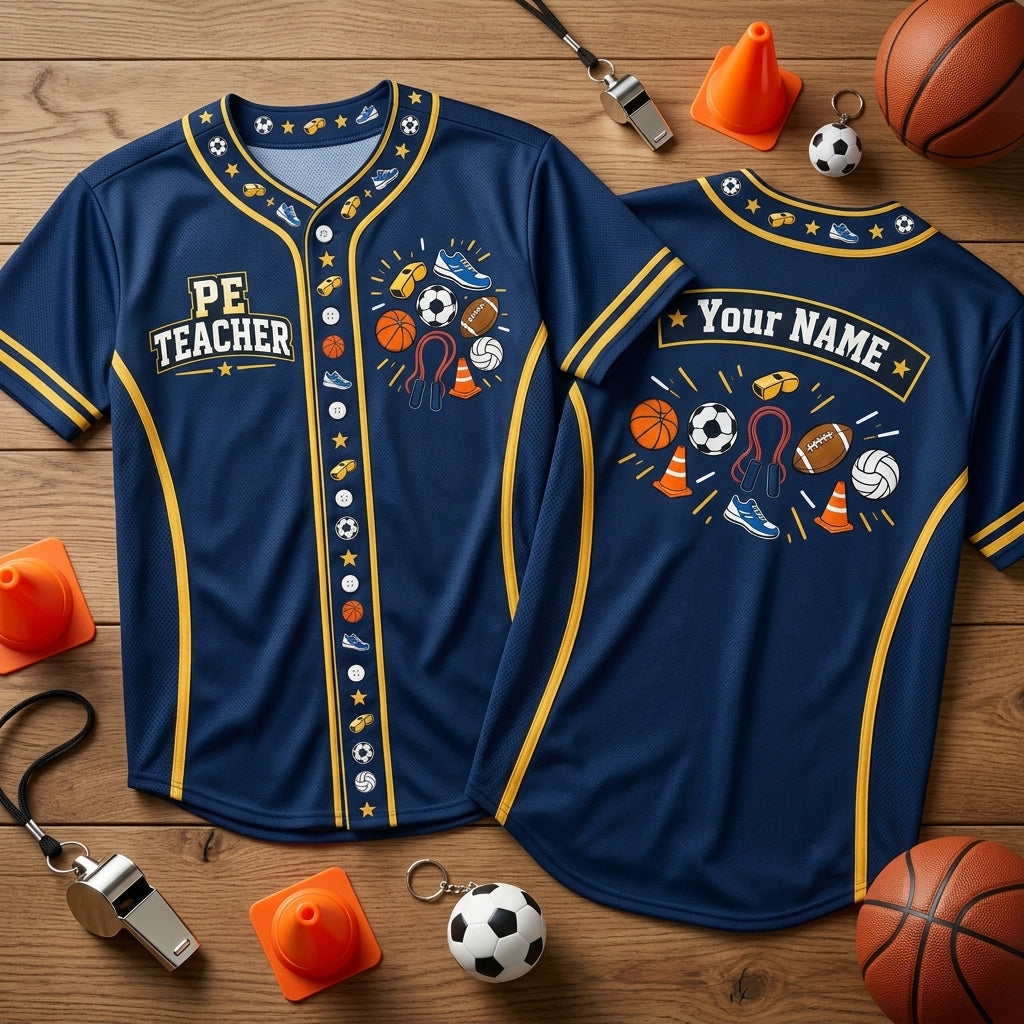 Custom PE Teacher Sports Graphic Baseball Jersey - Personalized Physical Education Gift - mockup 1