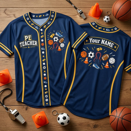 Custom PE Teacher Sports Graphic Baseball Jersey - Personalized Physical Education Gift - mockup 1