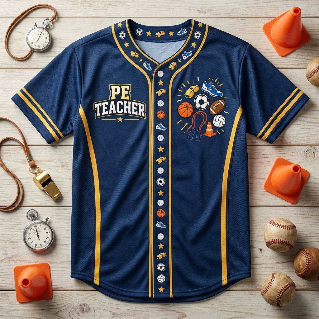 Custom PE Teacher Sports Graphic Baseball Jersey - Personalized Physical Education Gift - mockup 3