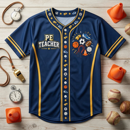 Custom PE Teacher Sports Graphic Baseball Jersey - Personalized Physical Education Gift - mockup 3