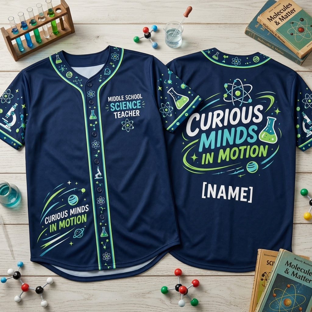 Custom Middle School Science Teacher Baseball Jersey - Curious Minds in Motion - mockup 1