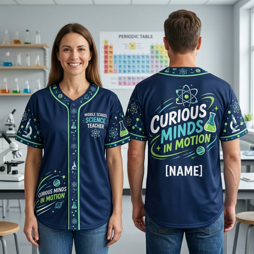 Custom Middle School Science Teacher Baseball Jersey - Curious Minds in Motion - mockup 2