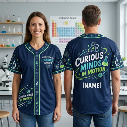 Custom Middle School Science Teacher Baseball Jersey - Curious Minds in Motion - mockup 2