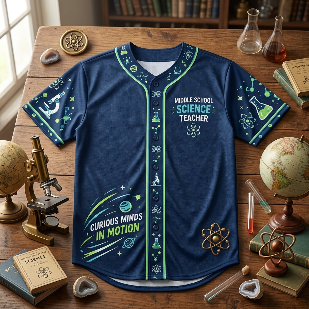 Custom Middle School Science Teacher Baseball Jersey - Curious Minds in Motion - mockup 3
