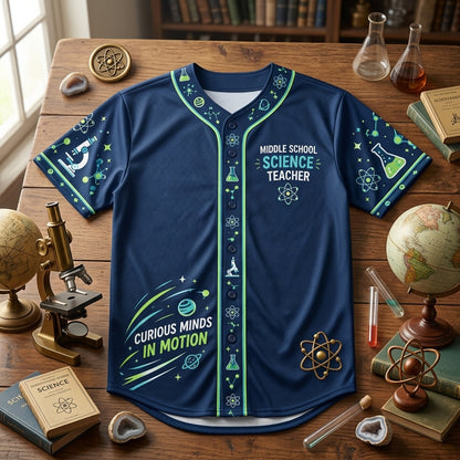 Custom Middle School Science Teacher Baseball Jersey - Curious Minds in Motion - mockup 3