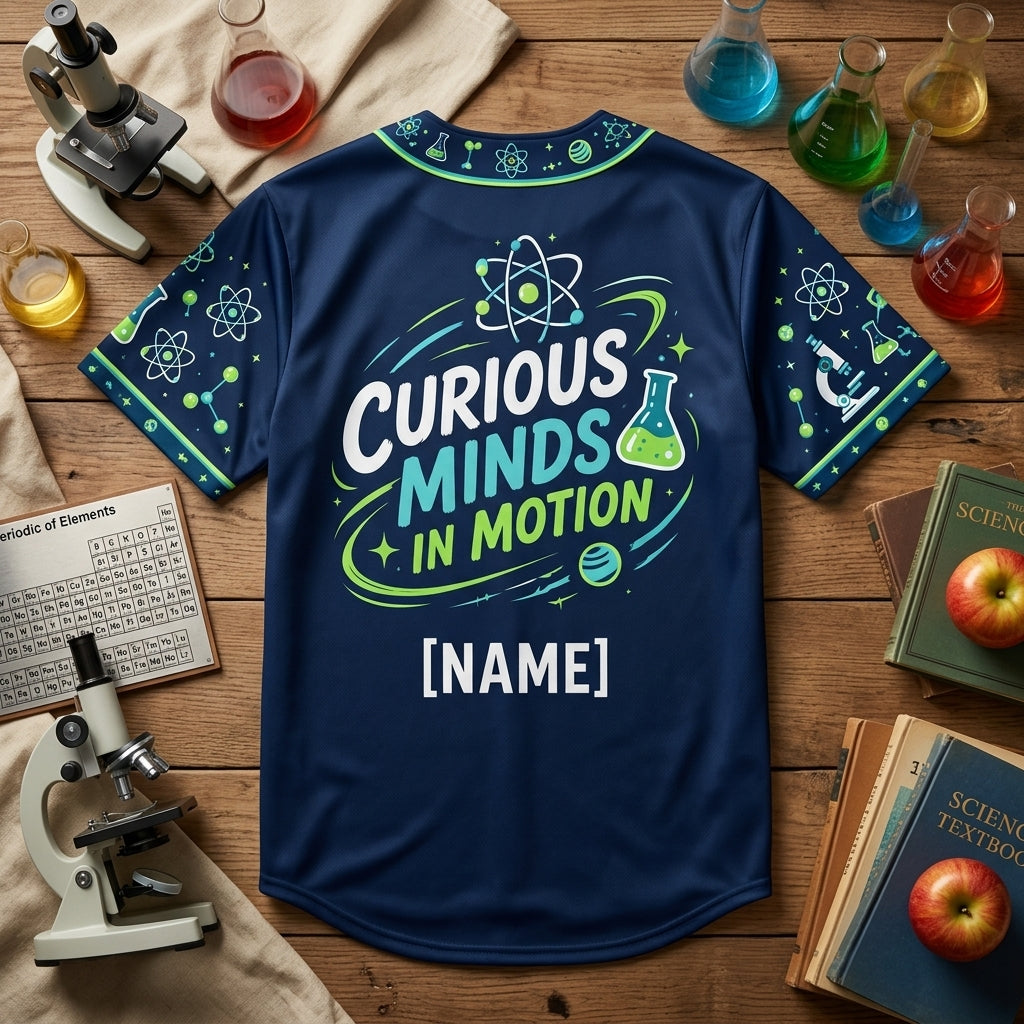 Custom Middle School Science Teacher Baseball Jersey - Curious Minds in Motion - mockup 4
