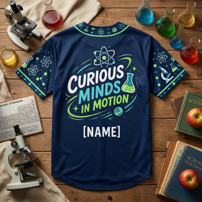 Custom Middle School Science Teacher Baseball Jersey - Curious Minds in Motion - mockup 4