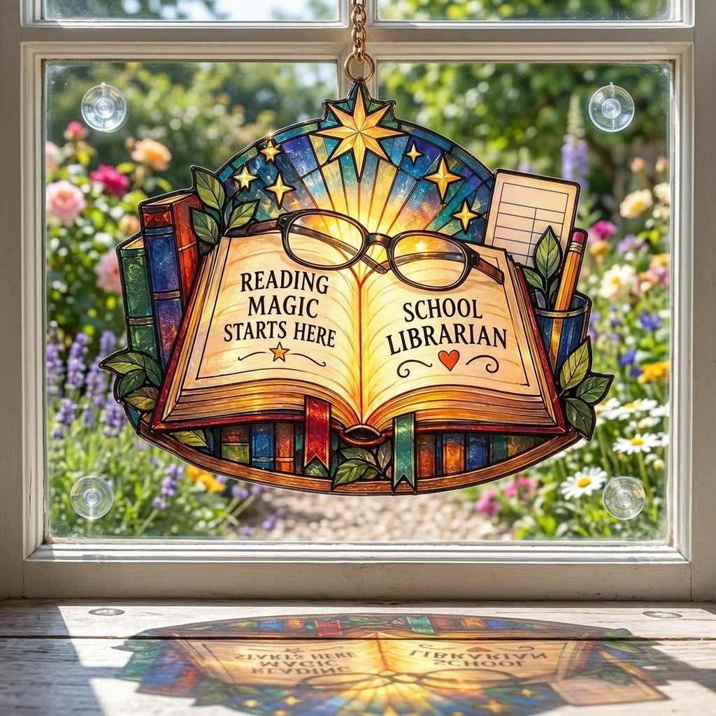 School Librarian Reading Magic Custom Shape Suncatcher – Library Decor Gift - mockup 1