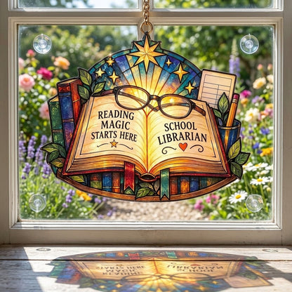 School Librarian Reading Magic Custom Shape Suncatcher – Library Decor Gift - mockup 1