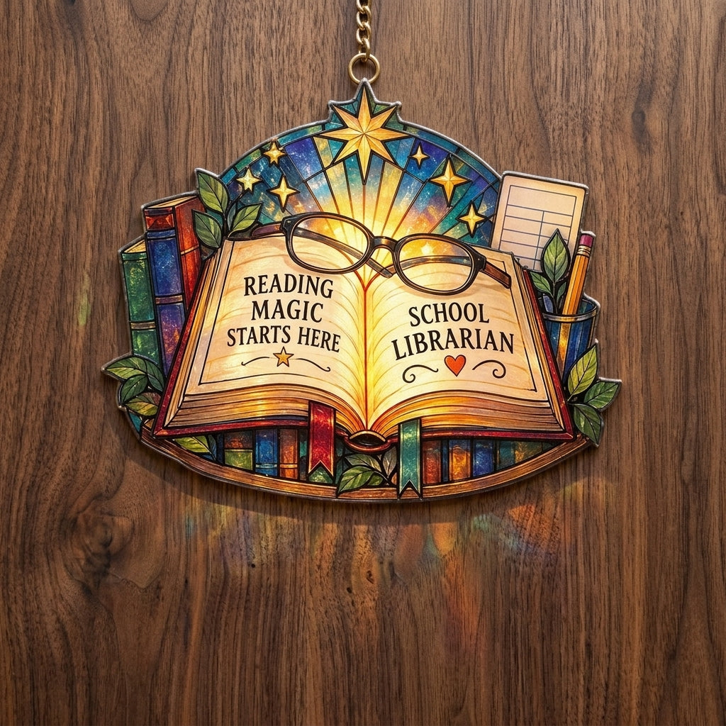 School Librarian Reading Magic Custom Shape Suncatcher – Library Decor Gift - mockup 2