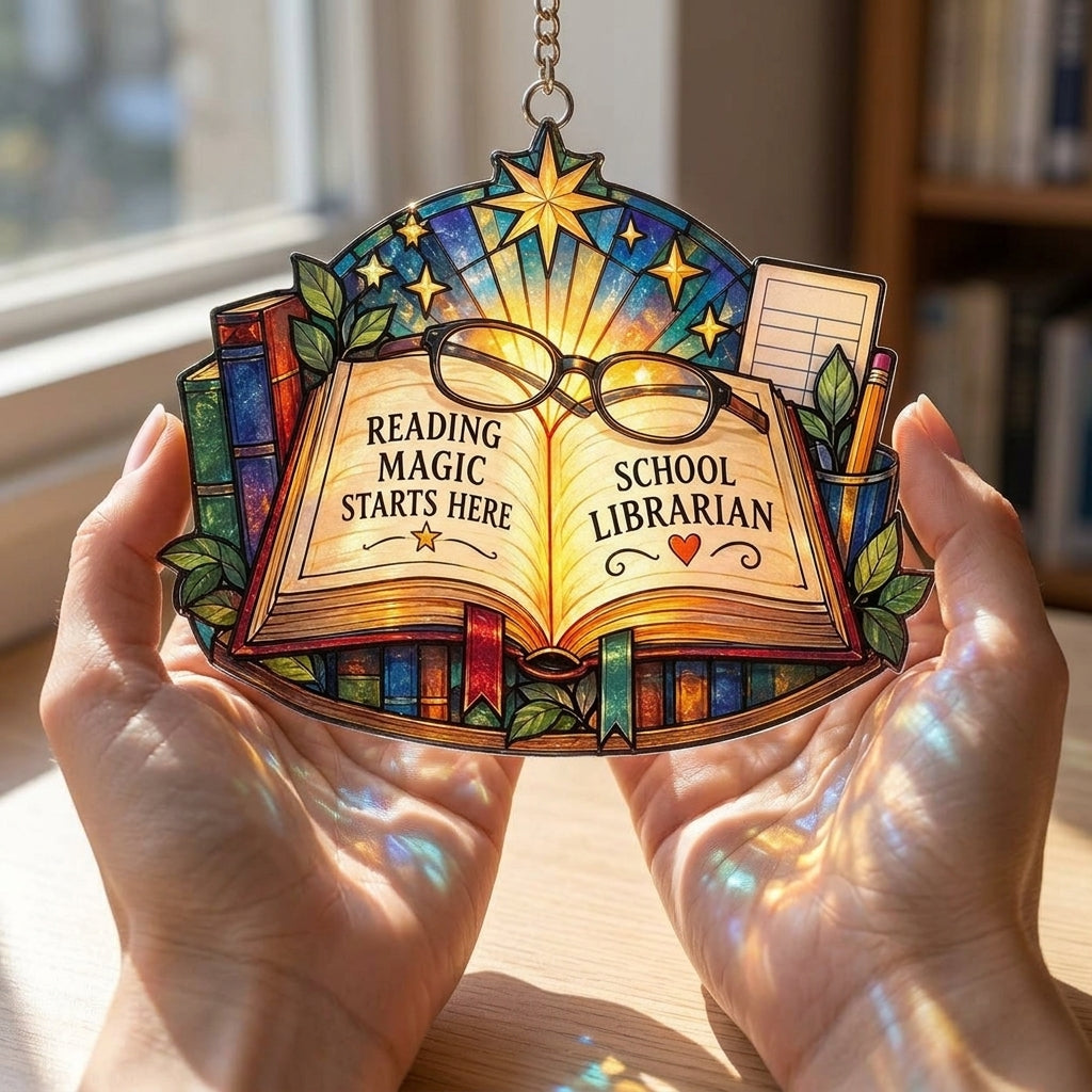 School Librarian Reading Magic Custom Shape Suncatcher – Library Decor Gift - mockup 3
