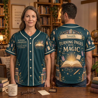 Custom School Librarian Reading Magic Baseball Jersey - Personalized Gift for Librarians - mockup 2