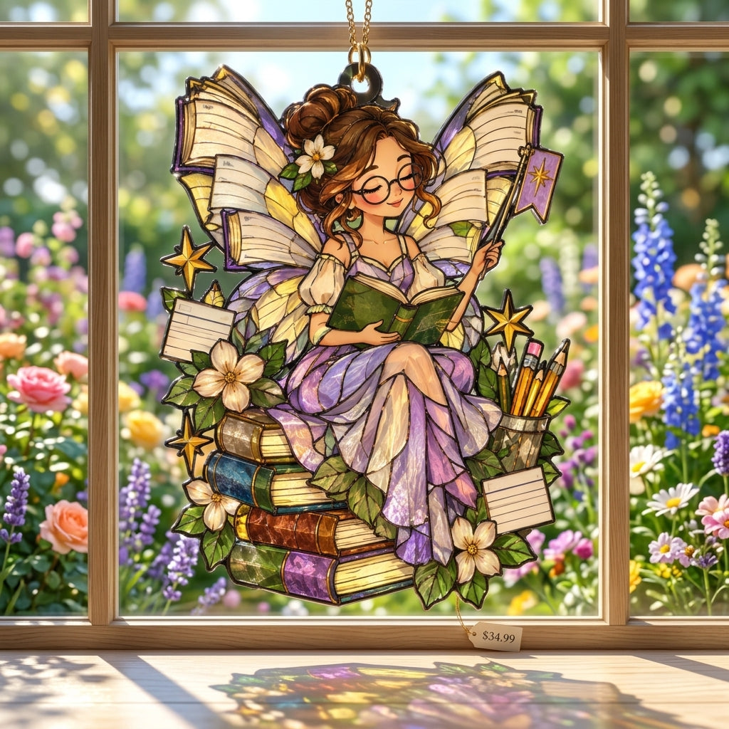 Whimsical School Librarian Book Fairy Custom Shape Suncatcher – Library Decor Gift - mockup 1