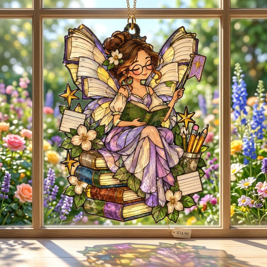 Whimsical School Librarian Book Fairy Custom Shape Suncatcher – Library Decor Gift - mockup 1