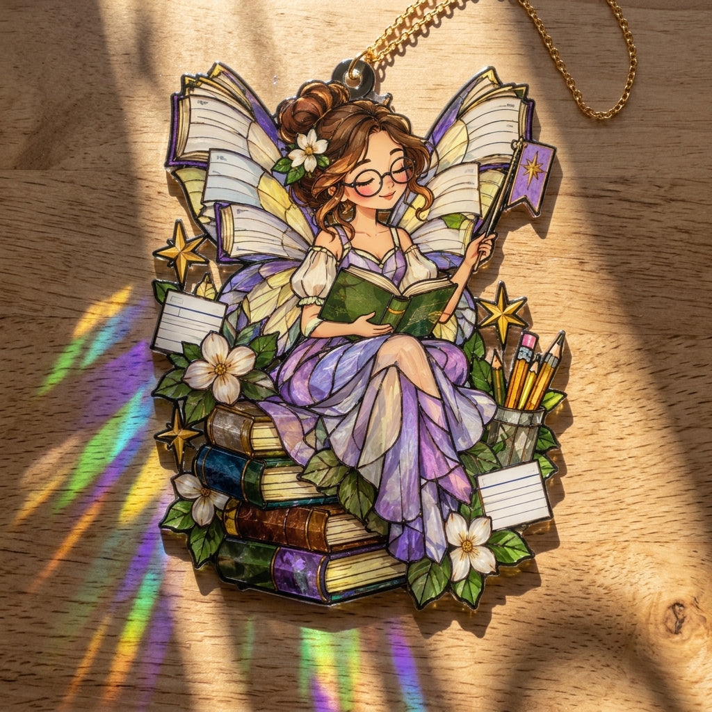 Whimsical School Librarian Book Fairy Custom Shape Suncatcher – Library Decor Gift - mockup 2