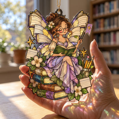 Whimsical School Librarian Book Fairy Custom Shape Suncatcher – Library Decor Gift - mockup 3