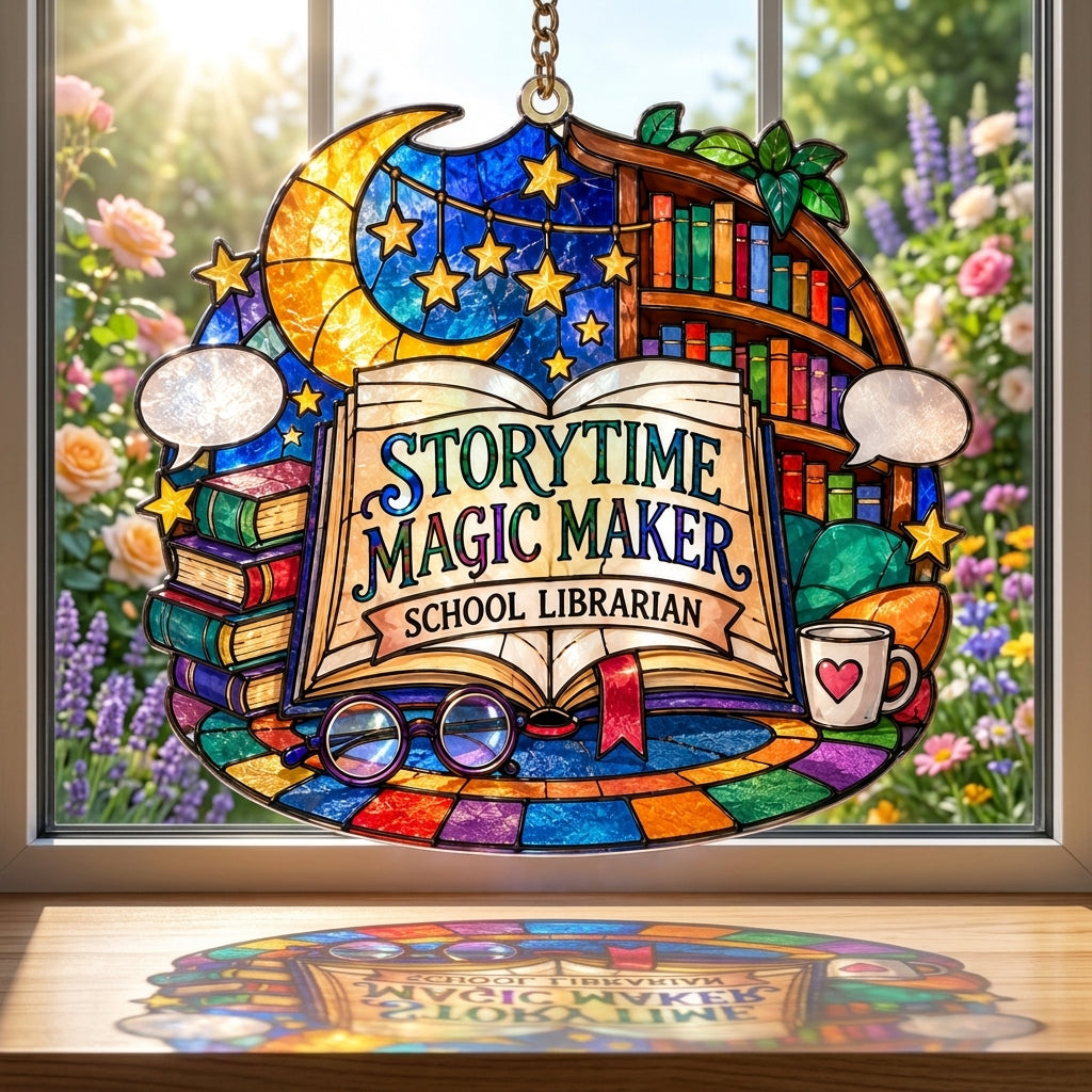 Storytime Magic Maker School Librarian Custom Shape Suncatcher – Library Window Decor Gift - mockup 1