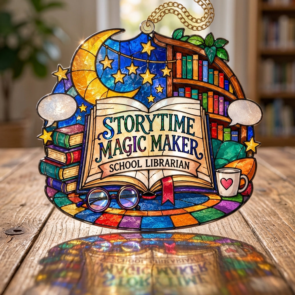 Storytime Magic Maker School Librarian Custom Shape Suncatcher – Library Window Decor Gift - mockup 2