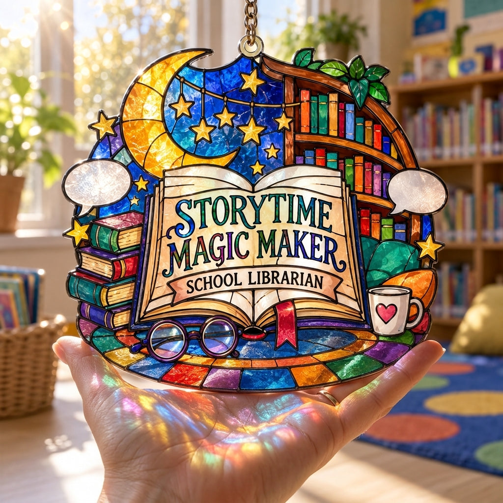 Storytime Magic Maker School Librarian Custom Shape Suncatcher – Library Window Decor Gift - mockup 3