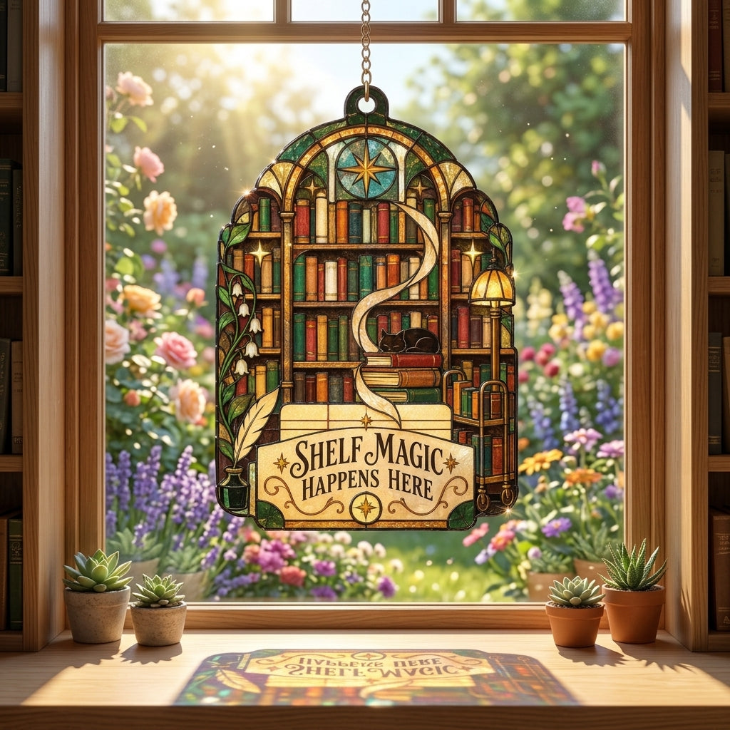 School Librarian Shelf Magic Stained Glass Style Custom Shape Suncatcher - Library Decor - mockup 1