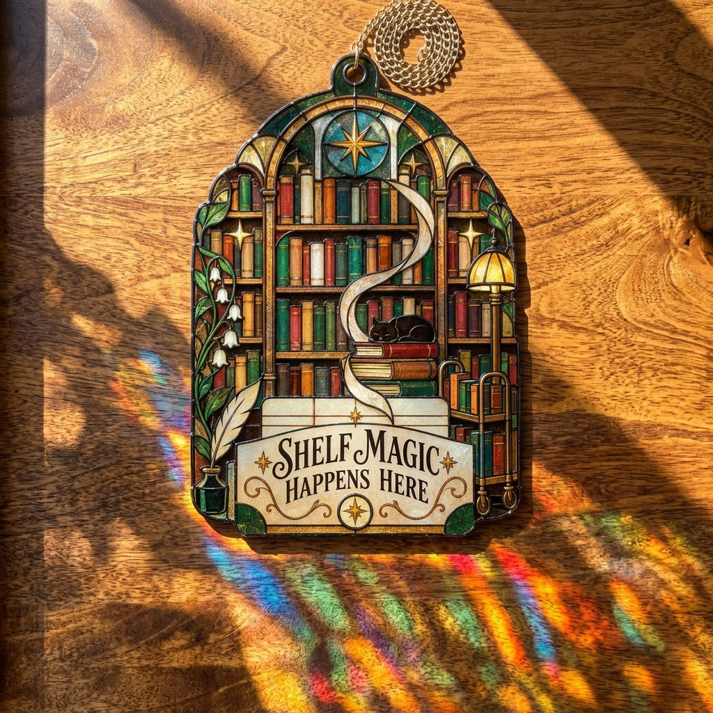 School Librarian Shelf Magic Stained Glass Style Custom Shape Suncatcher - Library Decor - mockup 2
