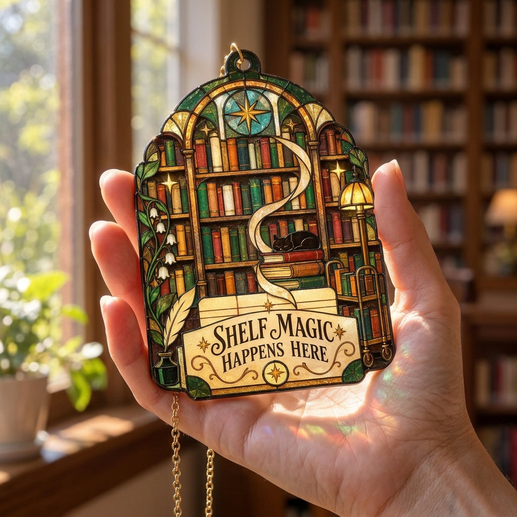 School Librarian Shelf Magic Stained Glass Style Custom Shape Suncatcher - Library Decor - mockup 3