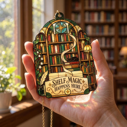 School Librarian Shelf Magic Stained Glass Style Custom Shape Suncatcher - Library Decor - mockup 3