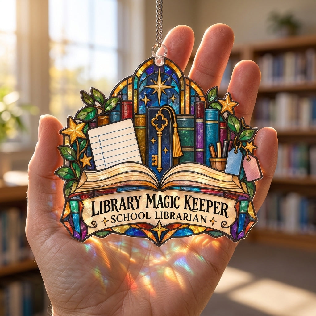 Library Magic Keeper School Librarian Custom Shape Suncatcher – Educator Gift - mockup 3