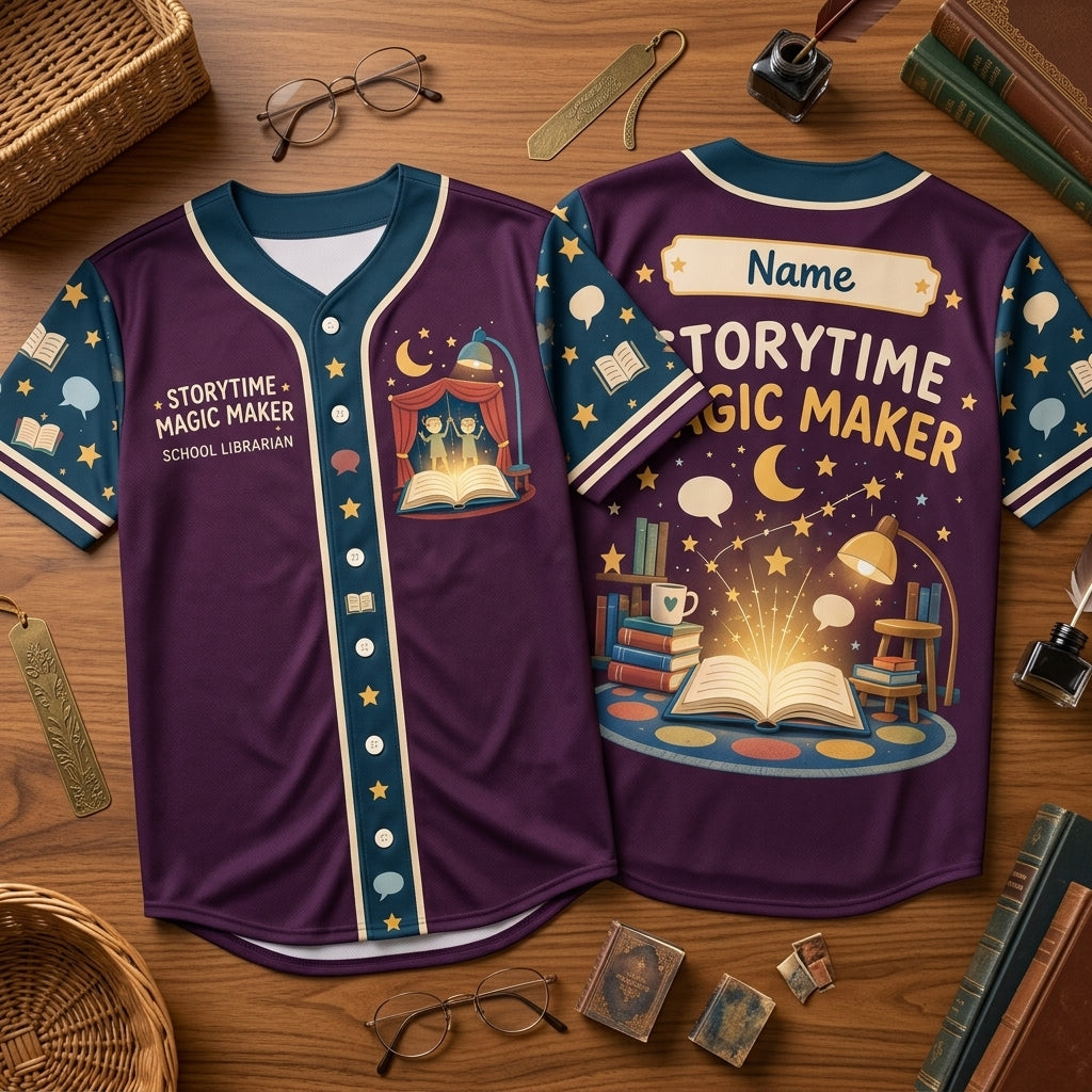 Custom Storytime Magic Maker School Librarian Baseball Jersey - mockup 1