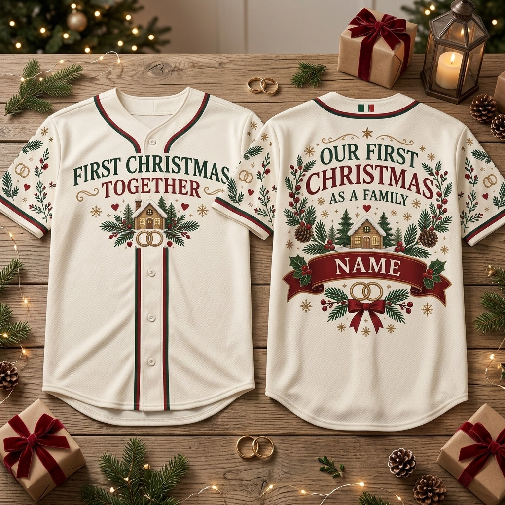 Personalized First Christmas as New Family Baseball Jersey - Custom Holiday Gift - mockup 1