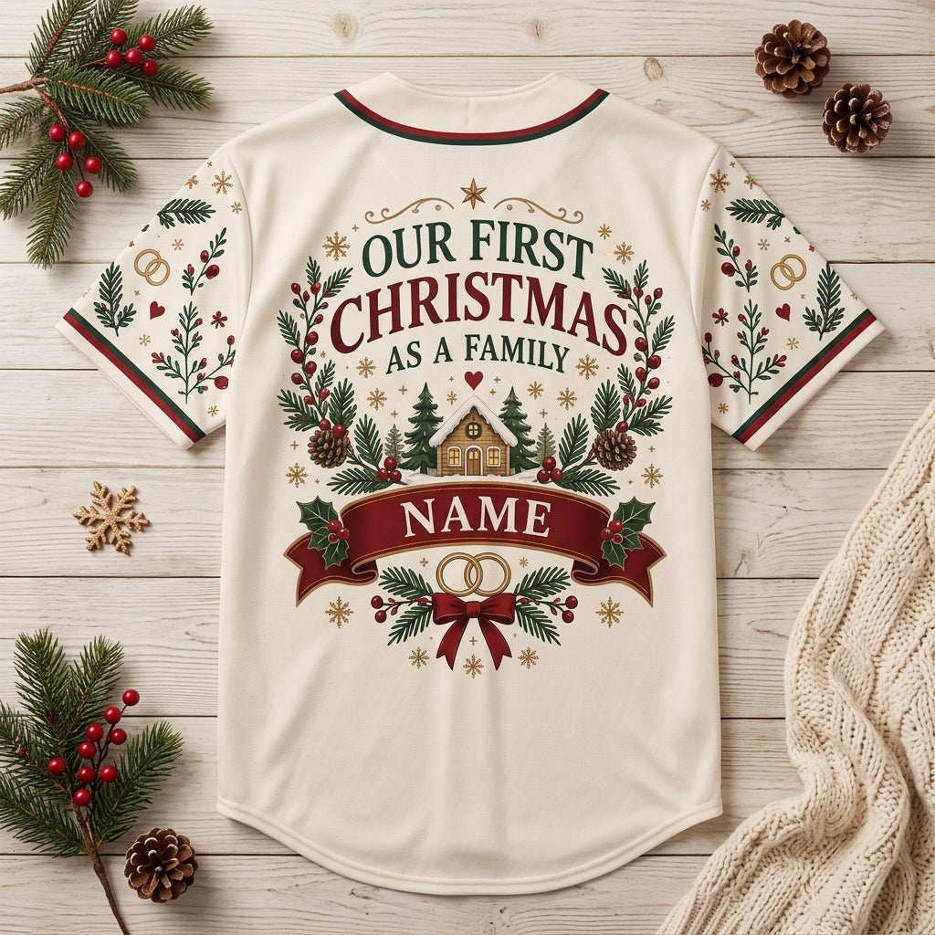 Personalized First Christmas as New Family Baseball Jersey - Custom Holiday Gift - mockup 4