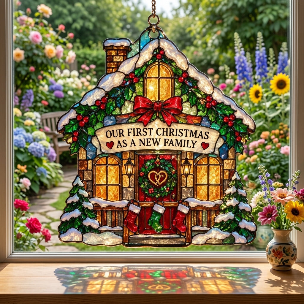 Our First Christmas as a New Family Custom Shape Suncatcher – Stained Glass Style Decor - mockup 1