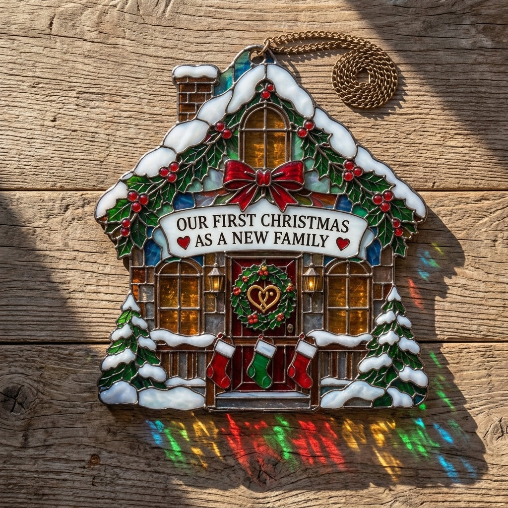 Our First Christmas as a New Family Custom Shape Suncatcher – Stained Glass Style Decor - mockup 2