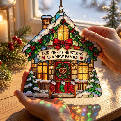 Our First Christmas as a New Family Custom Shape Suncatcher – Stained Glass Style Decor - mockup 3