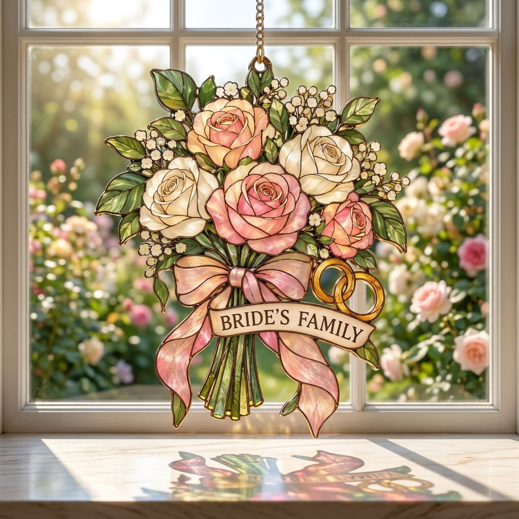 Stained Glass Style Rose Bouquet Custom Shape Suncatcher – Bride's Family Wedding Day Gift - mockup 1