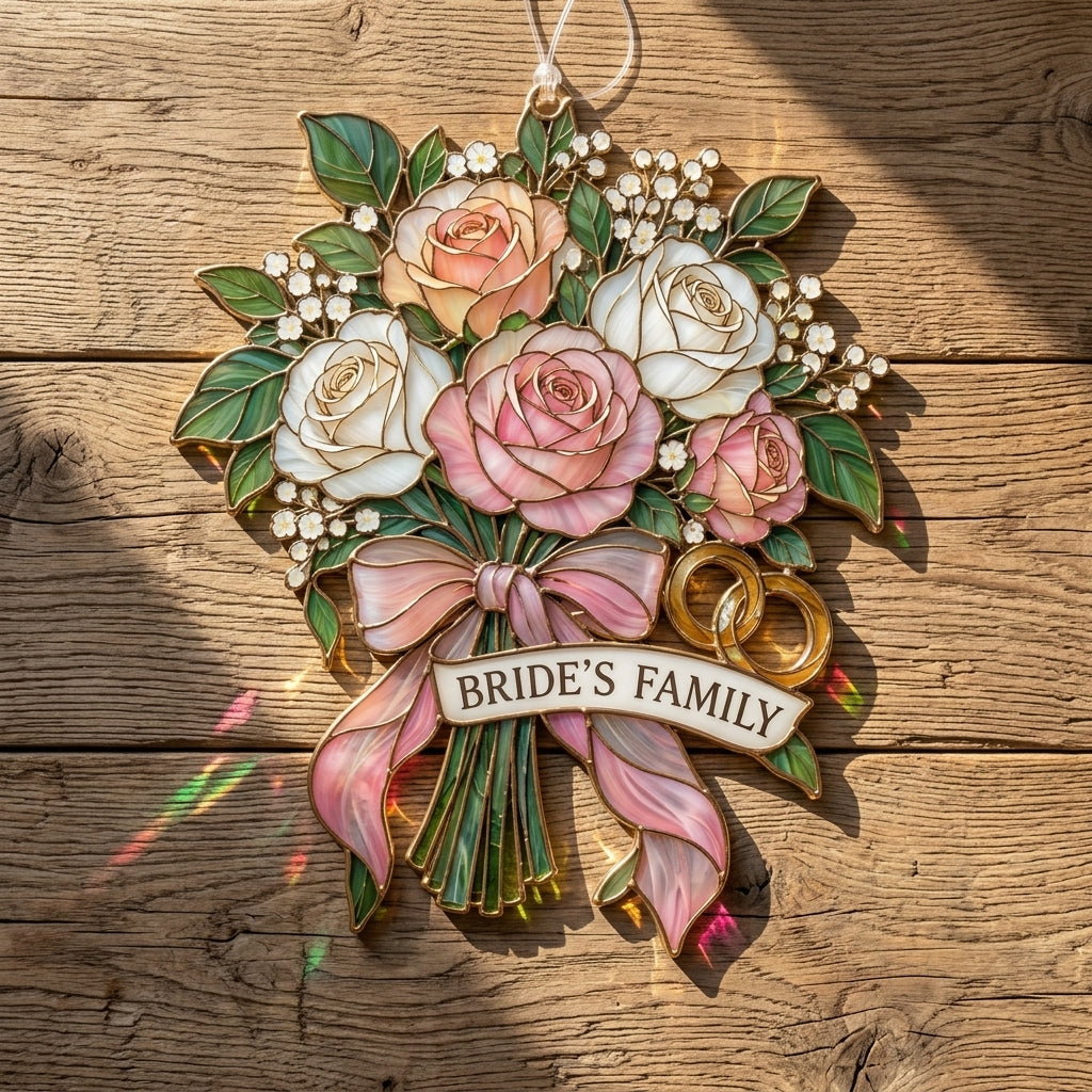 Stained Glass Style Rose Bouquet Custom Shape Suncatcher – Bride's Family Wedding Day Gift - mockup 2