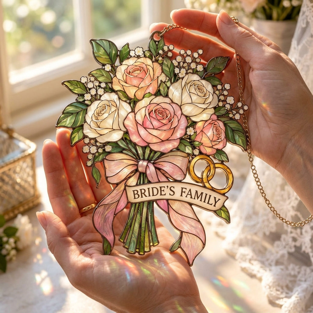 Stained Glass Style Rose Bouquet Custom Shape Suncatcher – Bride's Family Wedding Day Gift - mockup 3