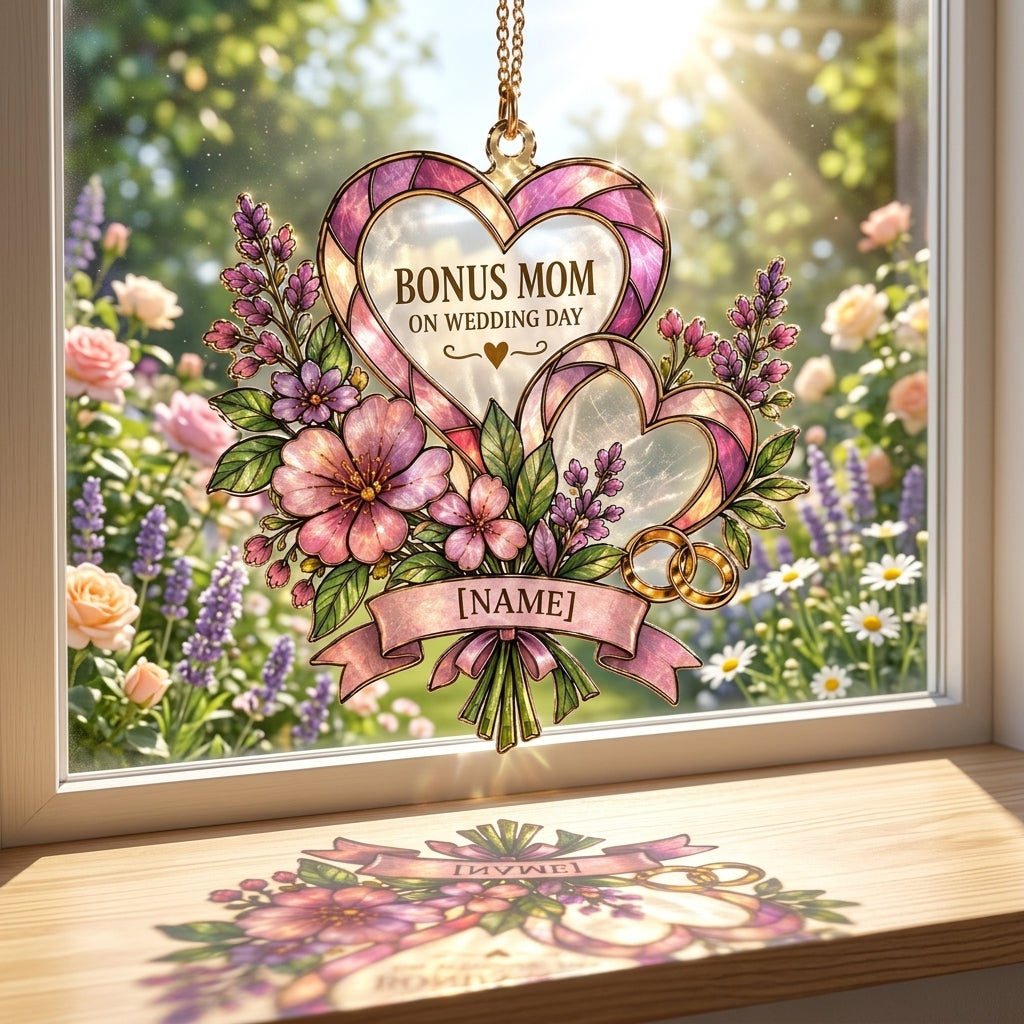 Personalized Bonus Mom Wedding Day Custom Shape Suncatcher - Floral Heart Gift - mockup 1