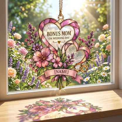 Personalized Bonus Mom Wedding Day Custom Shape Suncatcher - Floral Heart Gift - mockup 1
