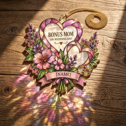 Personalized Bonus Mom Wedding Day Custom Shape Suncatcher - Floral Heart Gift - mockup 2
