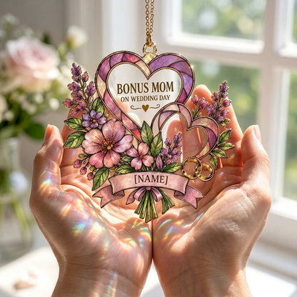 Personalized Bonus Mom Wedding Day Custom Shape Suncatcher - Floral Heart Gift - mockup 3