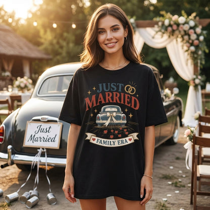 Retro Just Married Family Era Vintage Car T-shirt Sweatshirt Hoodie – Honeymoon Gift - mockup 1