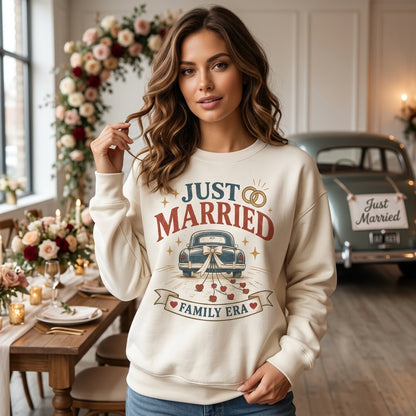 Retro Just Married Family Era Vintage Car T-shirt Sweatshirt Hoodie – Honeymoon Gift - mockup 2