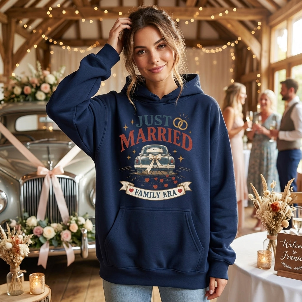 Retro Just Married Family Era Vintage Car T-shirt Sweatshirt Hoodie – Honeymoon Gift - mockup 3