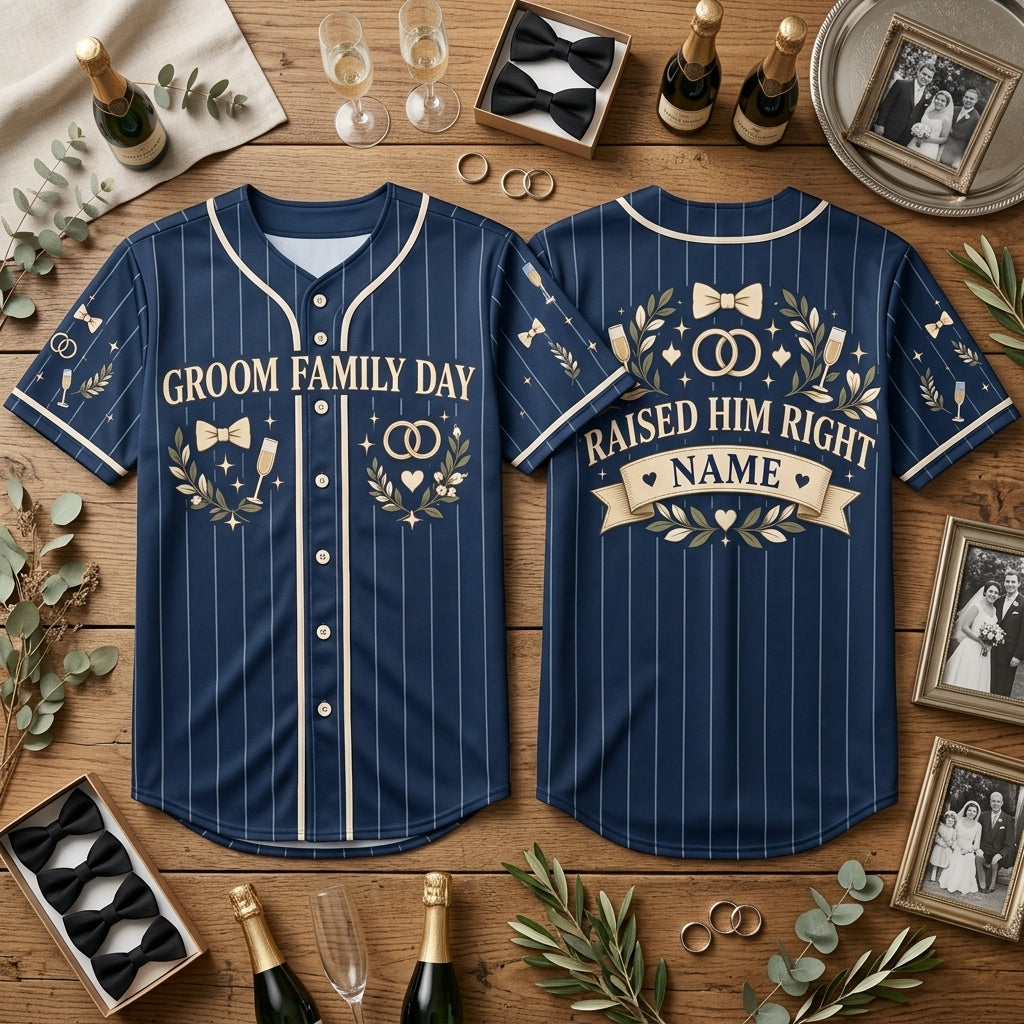 Custom Groom Family Wedding Day Baseball Jersey - Raised Him Right Design - mockup 1