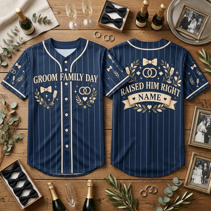 Custom Groom Family Wedding Day Baseball Jersey - Raised Him Right Design - mockup 1