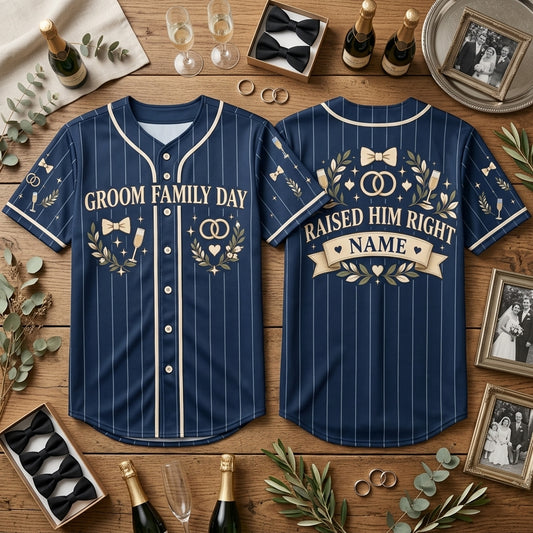 Custom Groom Family Wedding Day Baseball Jersey - Raised Him Right Design - mockup 1